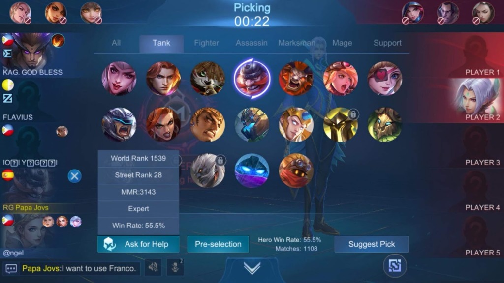 Tampilan lobby Ranked dan fase draft pick MLBB
